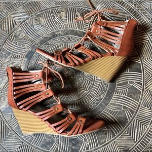 RAMPAGE Wedge Sandals Kandu Open Toe Strappy Lace Up Brown Womens 10M